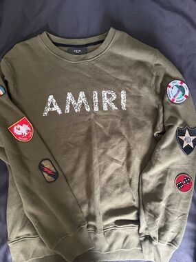 AMIRI Olive Green Crewneck Sweatshirt with Patch Details